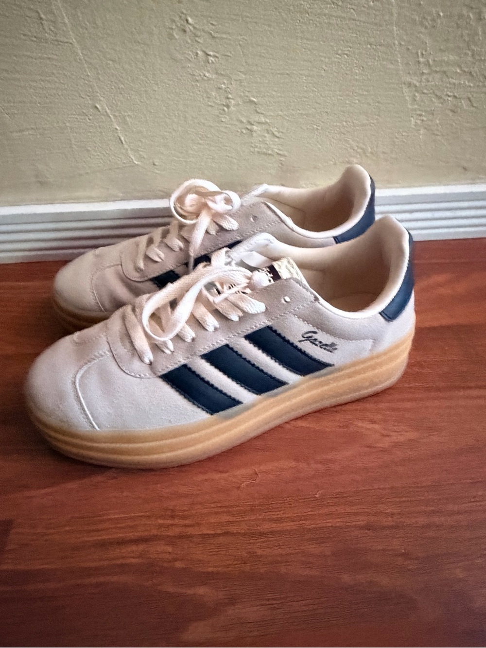 adidas Cream Suede Sneakers with Navy Stripes and Gum Sole - Picture 3 of 5